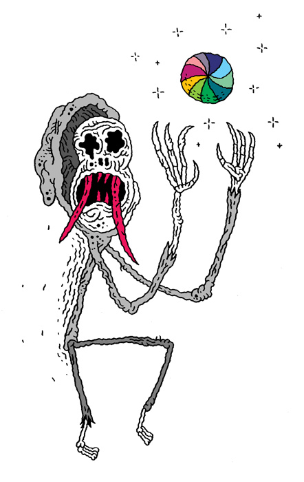 An animated gif by Rowan Tedge depicting death with red teeth and two large fangs wearing a light grey robe skeletel arms held at eye height waving summoning a multi-coloured clock-wise spinning wait cursor emitting sparks.